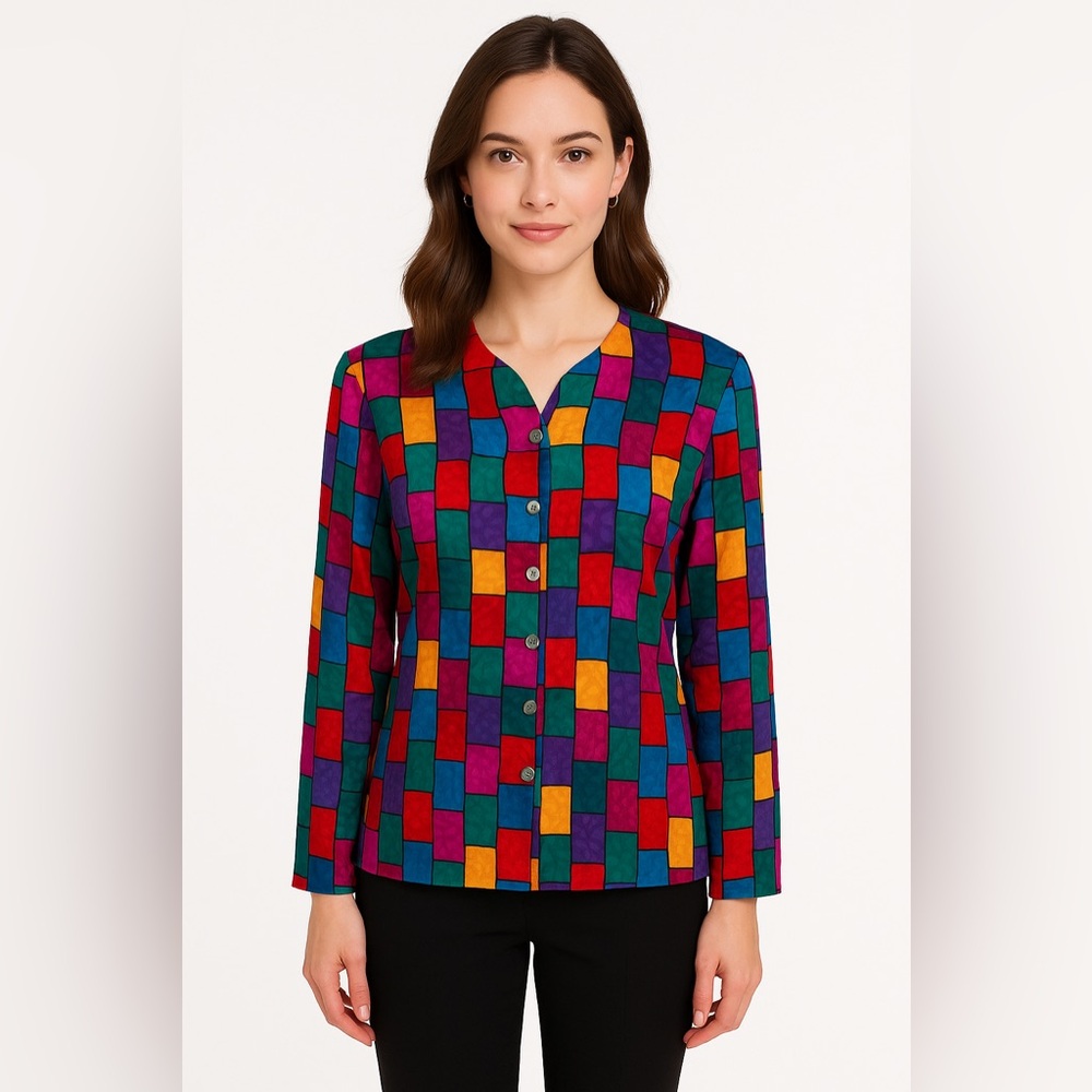 Vtg 90s colorful patchwork print silk blouse